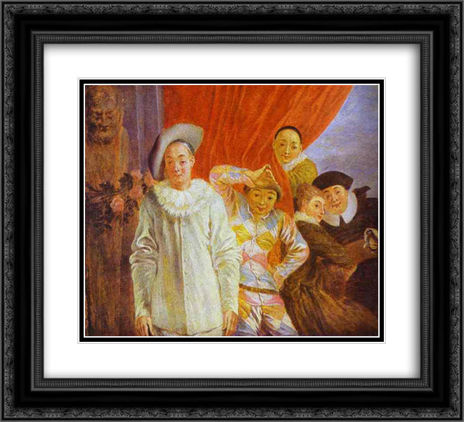 Arlequin, Pierrot and Scapin 22x20 Black Ornate Wood Framed Art Print Poster with Double Matting by Watteau, Antoine