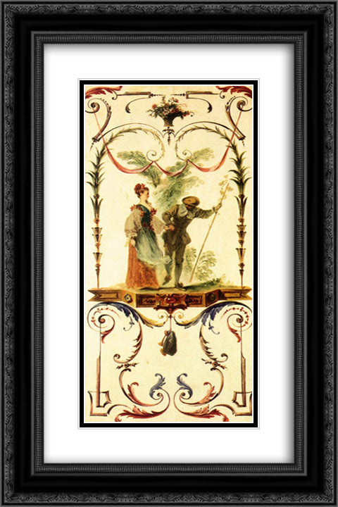 Cajoler 16x24 Black Ornate Wood Framed Art Print Poster with Double Matting by Watteau, Antoine