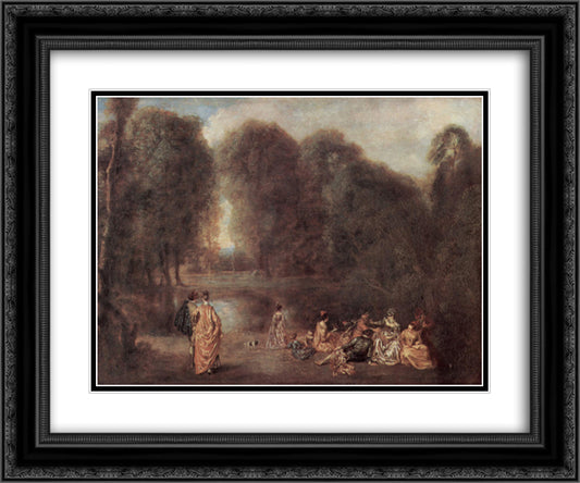 Gathering in the Park 24x20 Black Ornate Wood Framed Art Print Poster with Double Matting by Watteau, Antoine