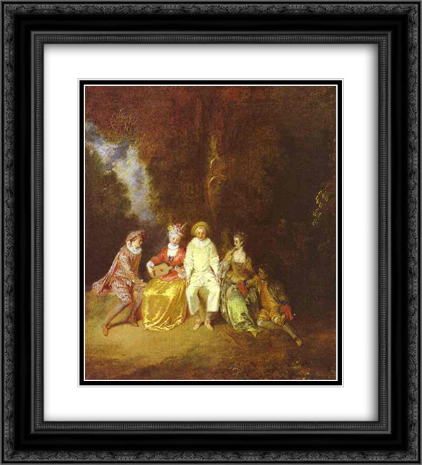 Happy Pierrot 20x22 Black Ornate Wood Framed Art Print Poster with Double Matting by Watteau, Antoine