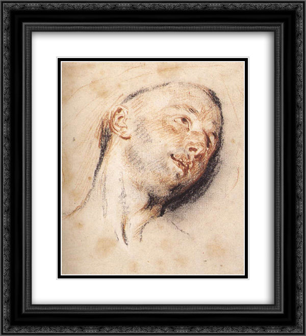 Head of a Man 20x22 Black Ornate Wood Framed Art Print Poster with Double Matting by Watteau, Antoine