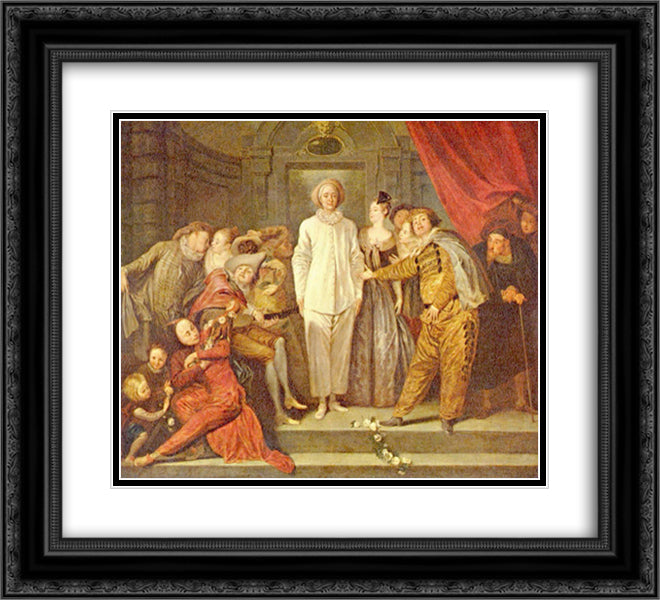 Italian Comedians 22x20 Black Ornate Wood Framed Art Print Poster with Double Matting by Watteau, Antoine