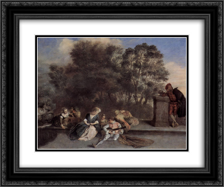 Italian Recreation 24x20 Black Ornate Wood Framed Art Print Poster with Double Matting by Watteau, Antoine