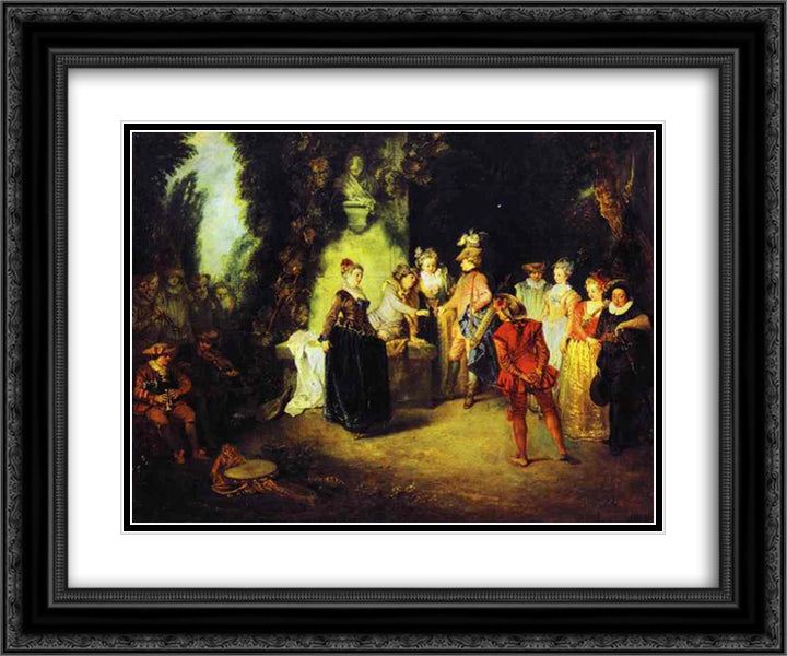 Love in the French Theather 24x20 Black Ornate Wood Framed Art Print Poster with Double Matting by Watteau, Antoine