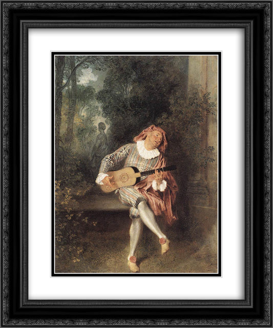 Mezzetin 20x24 Black Ornate Wood Framed Art Print Poster with Double Matting by Watteau, Antoine