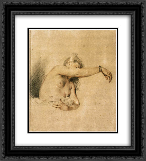 Nude with Right Arm Raised 20x22 Black Ornate Wood Framed Art Print Poster with Double Matting by Watteau, Antoine