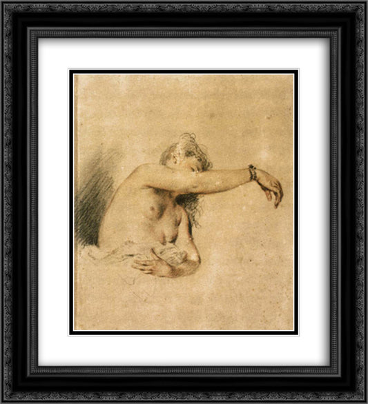 Nude with Right Arm Raised 20x22 Black Ornate Wood Framed Art Print Poster with Double Matting by Watteau, Antoine