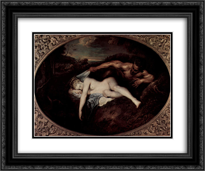 Nymph and Satyr, or Jupiter and Antiope 24x20 Black Ornate Wood Framed Art Print Poster with Double Matting by Watteau, Antoine