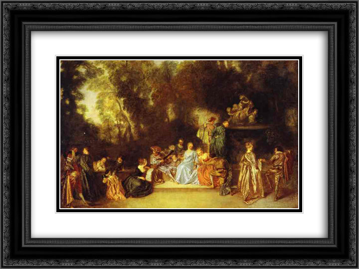 Party in the Open Air 24x18 Black Ornate Wood Framed Art Print Poster with Double Matting by Watteau, Antoine