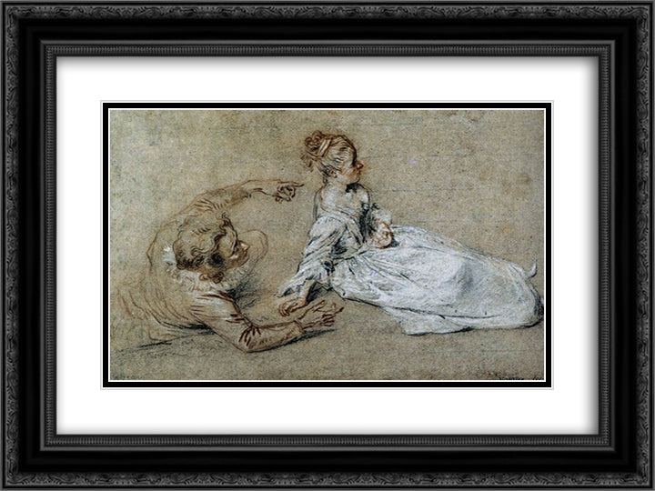 Sitting Couple 24x18 Black Ornate Wood Framed Art Print Poster with Double Matting by Watteau, Antoine