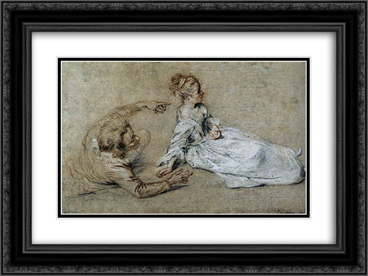 Sitting Couple 24x18 Black Ornate Wood Framed Art Print Poster with Double Matting by Watteau, Antoine