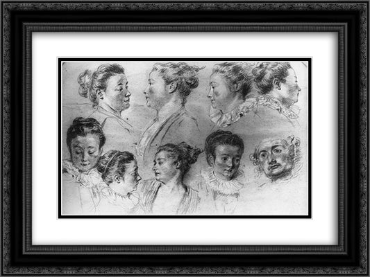 Studies of Women's Heads 24x18 Black Ornate Wood Framed Art Print Poster with Double Matting by Watteau, Antoine