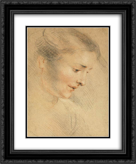 Study of a Woman's Head 20x24 Black Ornate Wood Framed Art Print Poster with Double Matting by Watteau, Antoine