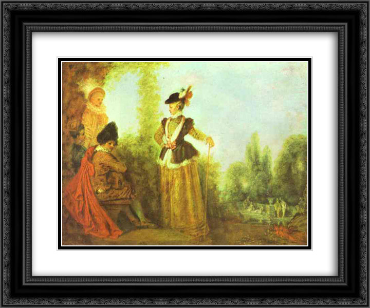 The Adventuress 24x20 Black Ornate Wood Framed Art Print Poster with Double Matting by Watteau, Antoine