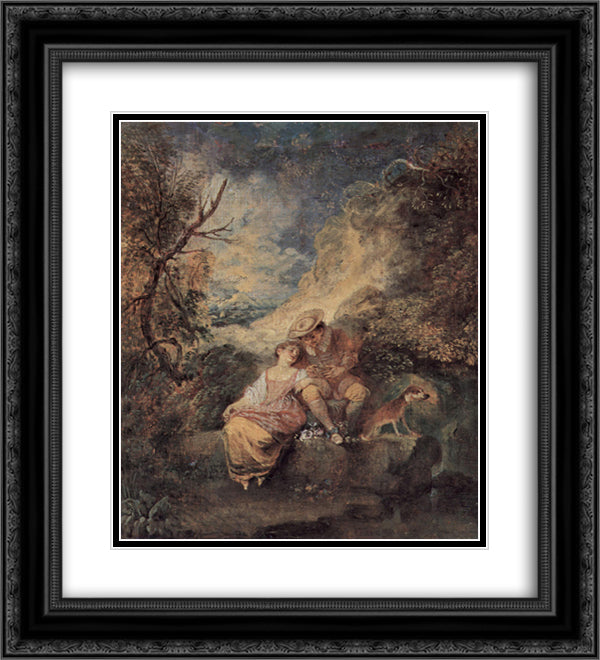 The Bird Nester 20x22 Black Ornate Wood Framed Art Print Poster with Double Matting by Watteau, Antoine