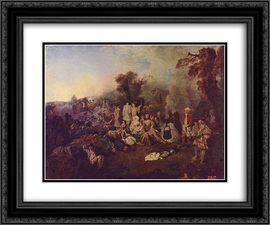 The Camp 24x20 Black Ornate Wood Framed Art Print Poster with Double Matting by Watteau, Antoine