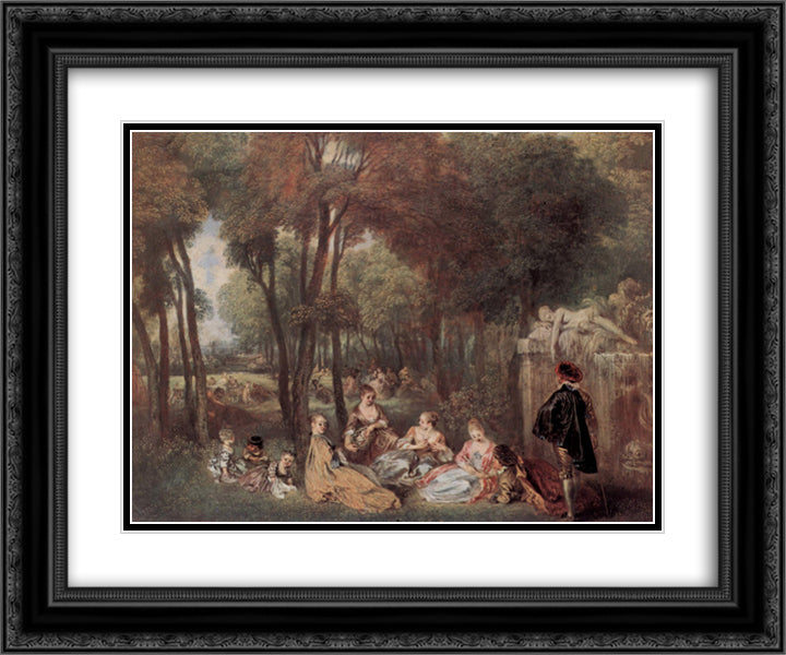 The Champs elyssees 24x20 Black Ornate Wood Framed Art Print Poster with Double Matting by Watteau, Antoine