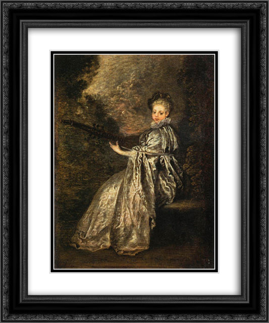 The Delicate Musician 20x24 Black Ornate Wood Framed Art Print Poster with Double Matting by Watteau, Antoine