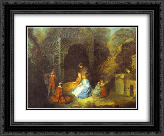 The Flautist 24x20 Black Ornate Wood Framed Art Print Poster with Double Matting by Watteau, Antoine