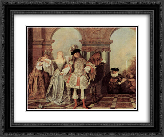 The French Comediants 24x20 Black Ornate Wood Framed Art Print Poster with Double Matting by Watteau, Antoine