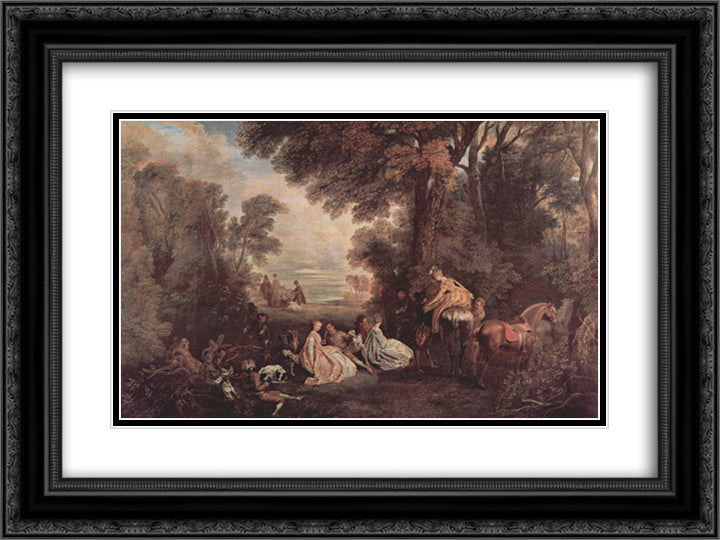 The Halt during the Chase 24x18 Black Ornate Wood Framed Art Print Poster with Double Matting by Watteau, Antoine