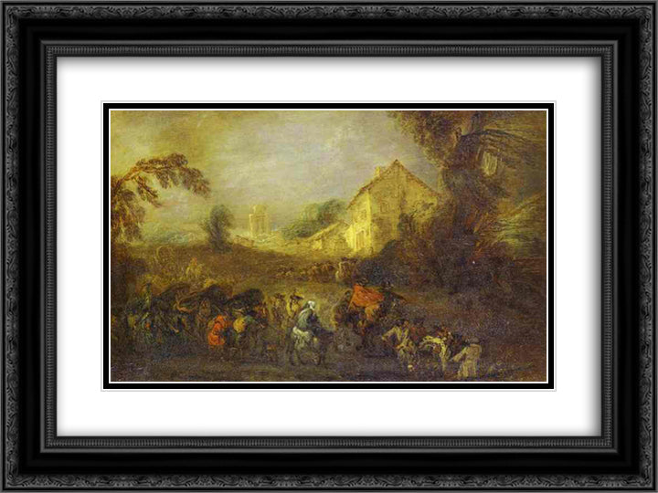 The Hardships of War 24x18 Black Ornate Wood Framed Art Print Poster with Double Matting by Watteau, Antoine