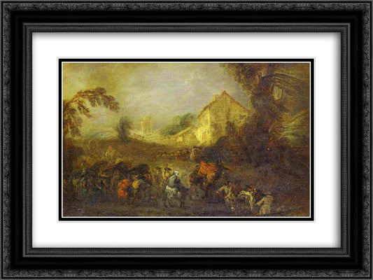 The Hardships of War 24x18 Black Ornate Wood Framed Art Print Poster with Double Matting by Watteau, Antoine