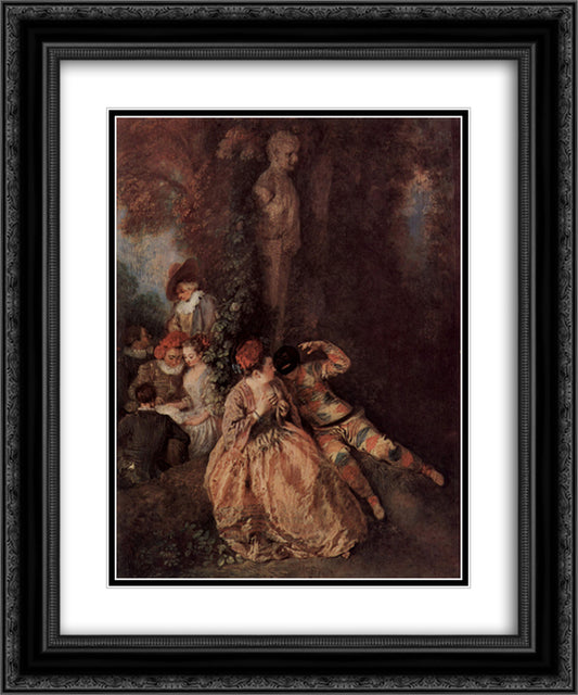 The Harlekin 20x24 Black Ornate Wood Framed Art Print Poster with Double Matting by Watteau, Antoine