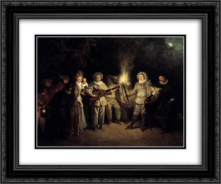 The Italian Comedy 24x20 Black Ornate Wood Framed Art Print Poster with Double Matting by Watteau, Antoine