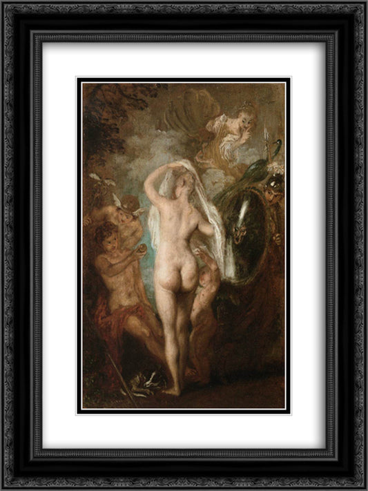 The Judgment of Paris 18x24 Black Ornate Wood Framed Art Print Poster with Double Matting by Watteau, Antoine