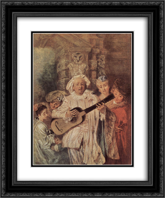 The Mezzetin's Family 20x24 Black Ornate Wood Framed Art Print Poster with Double Matting by Watteau, Antoine