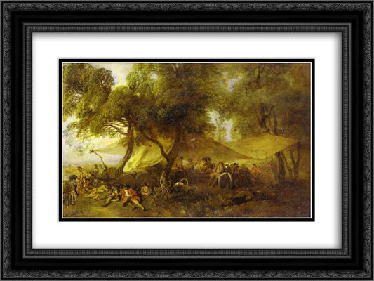 The Recreations of War 24x18 Black Ornate Wood Framed Art Print Poster with Double Matting by Watteau, Antoine