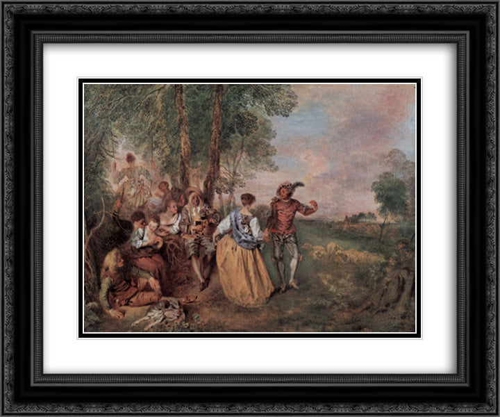 The Shepherds 24x20 Black Ornate Wood Framed Art Print Poster with Double Matting by Watteau, Antoine