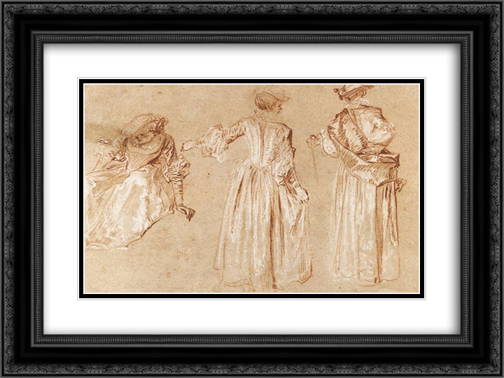 Three Studies of a Lady with a Hat 24x18 Black Ornate Wood Framed Art Print Poster with Double Matting by Watteau, Antoine