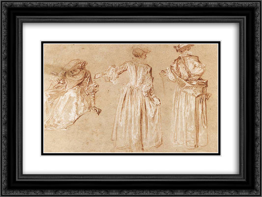 Three Studies of a Lady with a Hat 24x18 Black Ornate Wood Framed Art Print Poster with Double Matting by Watteau, Antoine