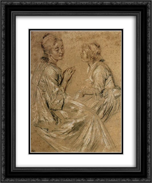 Two Seated Women 20x24 Black Ornate Wood Framed Art Print Poster with Double Matting by Watteau, Antoine