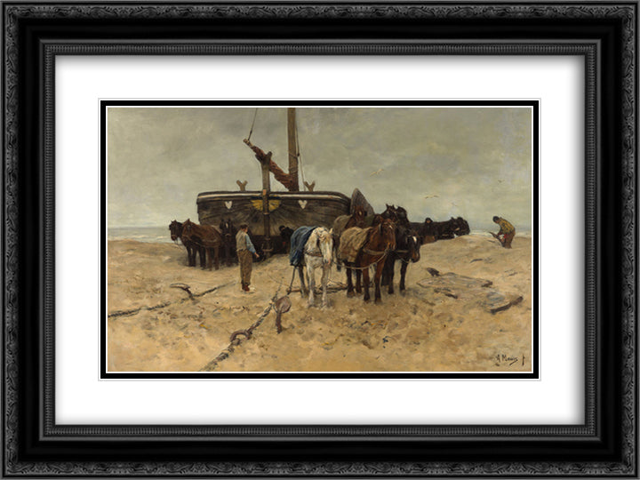 Fishing boat on the beach 24x18 Black Ornate Wood Framed Art Print Poster with Double Matting by Mauve, Anton