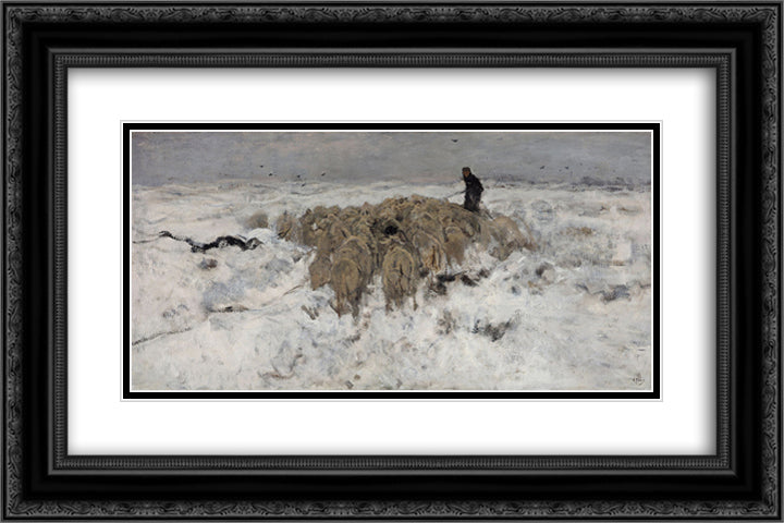 Flock of sheep with shepherd in the snow 24x16 Black Ornate Wood Framed Art Print Poster with Double Matting by Mauve, Anton