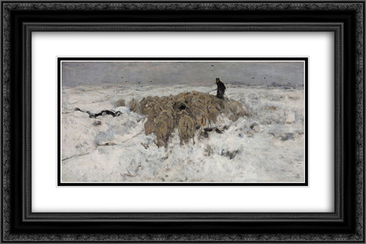 Flock of sheep with shepherd in the snow 24x16 Black Ornate Wood Framed Art Print Poster with Double Matting by Mauve, Anton