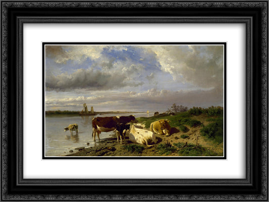 Landscape with Cattle 24x18 Black Ornate Wood Framed Art Print Poster with Double Matting by Mauve, Anton