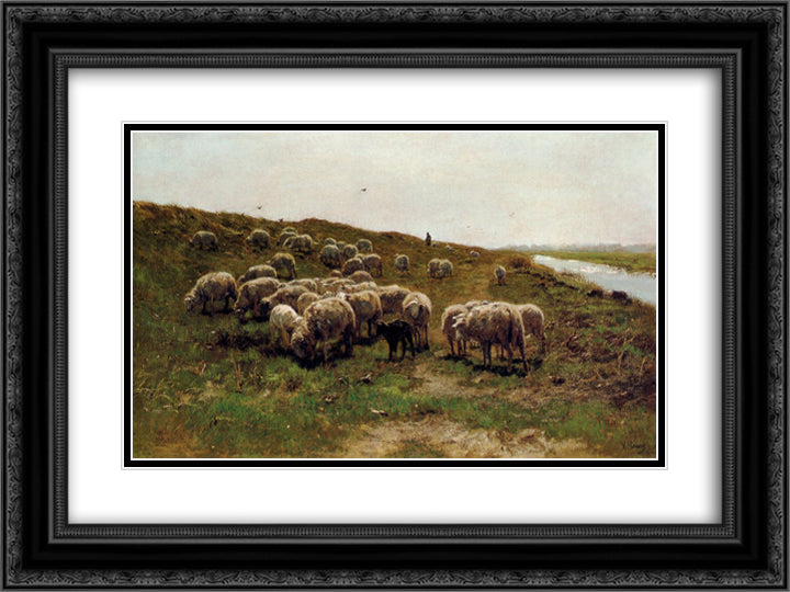 Sheep on a dyke 24x18 Black Ornate Wood Framed Art Print Poster with Double Matting by Mauve, Anton