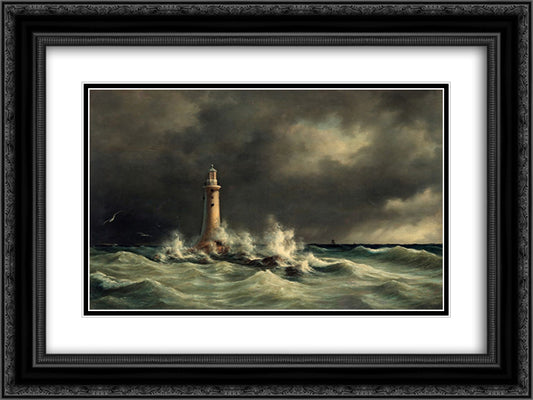 Lighthouse at Stora Balt 24x18 Black Ornate Wood Framed Art Print Poster with Double Matting by Melbye, Anton