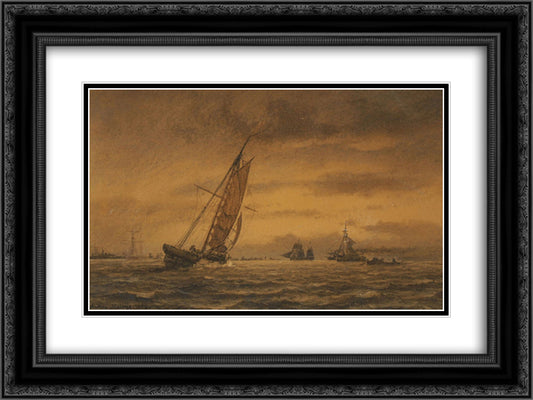 Numerous sailing ships at sea 24x18 Black Ornate Wood Framed Art Print Poster with Double Matting by Melbye, Anton