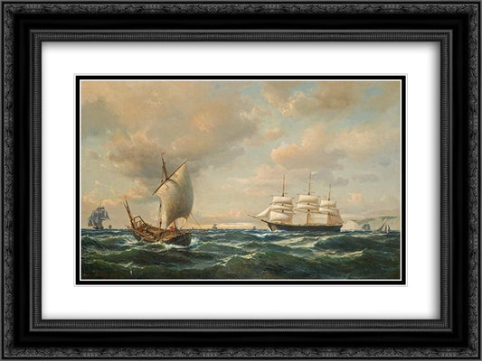 Sailing off the English coast 24x18 Black Ornate Wood Framed Art Print Poster with Double Matting by Melbye, Anton