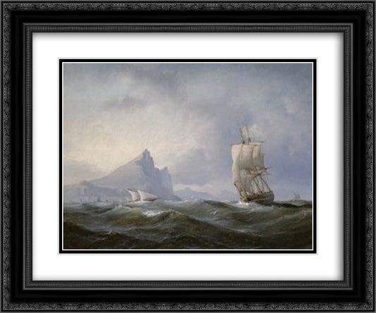 Sailing ship off Gibraltar 24x20 Black Ornate Wood Framed Art Print Poster with Double Matting by Melbye, Anton