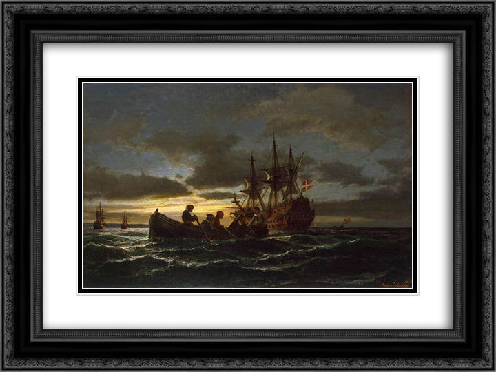 Sea at Night 24x18 Black Ornate Wood Framed Art Print Poster with Double Matting by Melbye, Anton