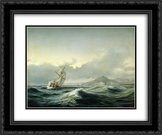Seascape with sailing ship in rough sea 24x20 Black Ornate Wood Framed Art Print Poster with Double Matting by Melbye, Anton