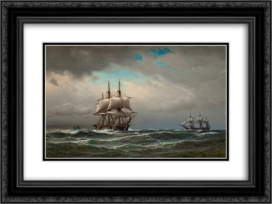 Ships at sea 24x18 Black Ornate Wood Framed Art Print Poster with Double Matting by Melbye, Anton