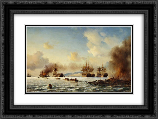 The Battle of Grand Port 24x18 Black Ornate Wood Framed Art Print Poster with Double Matting by Melbye, Anton