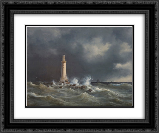 The Eddystone Lighthouse 24x20 Black Ornate Wood Framed Art Print Poster with Double Matting by Melbye, Anton